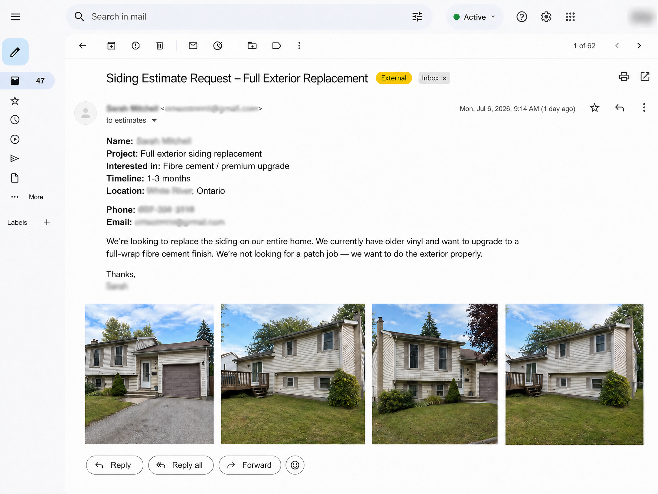 Privacy-redacted email enquiry showing structured siding project details and reference images
