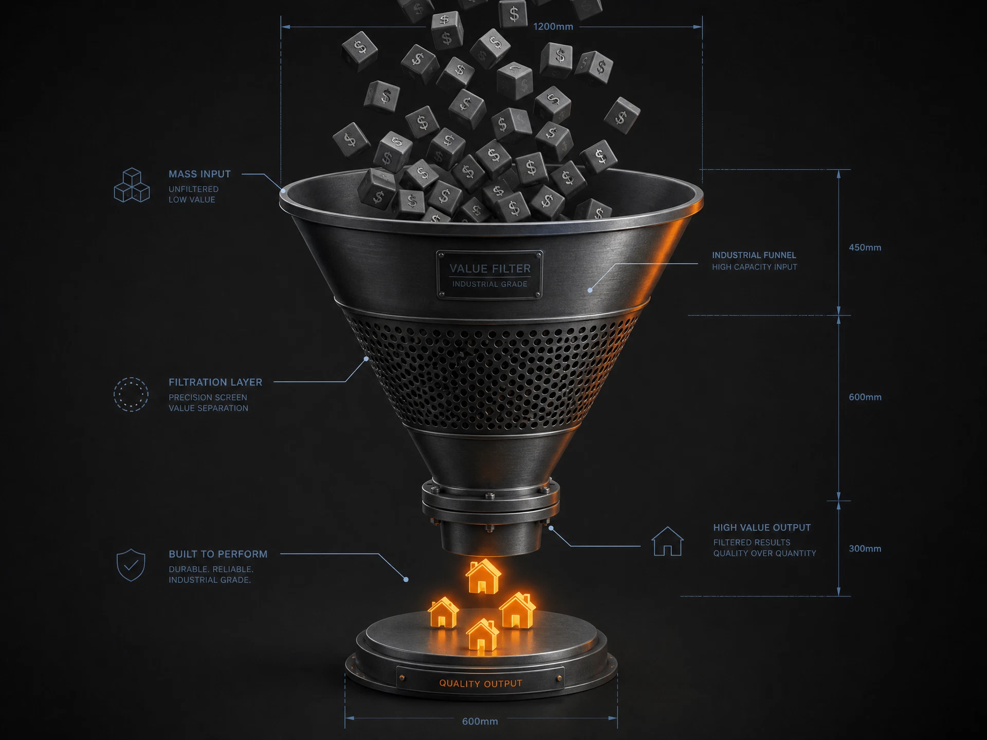 3D illustration of the lead filter: low-value leads out, premium leads in